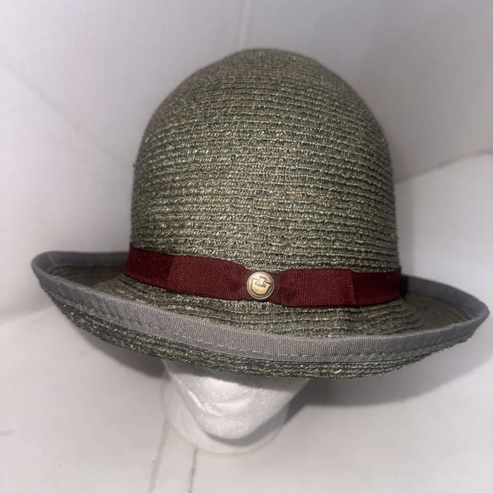 Goorin Bros Paper Woven Straw Fedora Hat Olive Green Burgundy Band Adult Small
